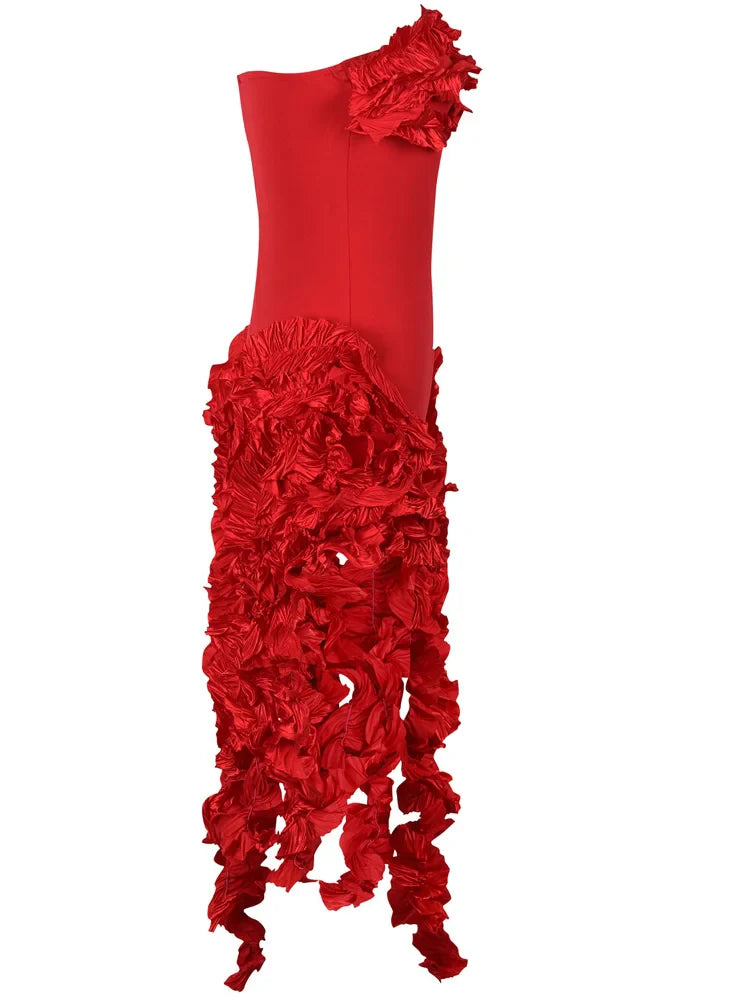 Women's Summer Strapless Ruffle Tassel Dress with Red Flower Embellishments and Irregular Hem for Glamorous Parties and Club Outfits