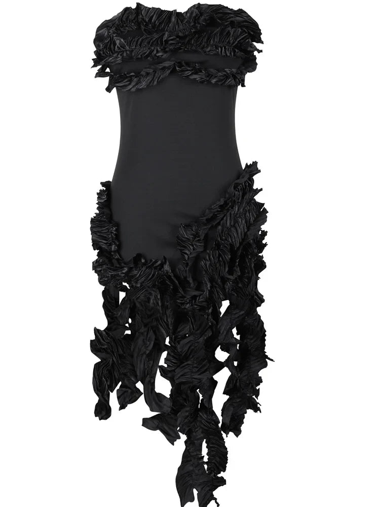 Women's Summer Strapless Ruffle Tassel Dress with Red Flower Embellishments and Irregular Hem for Glamorous Parties and Club Outfits