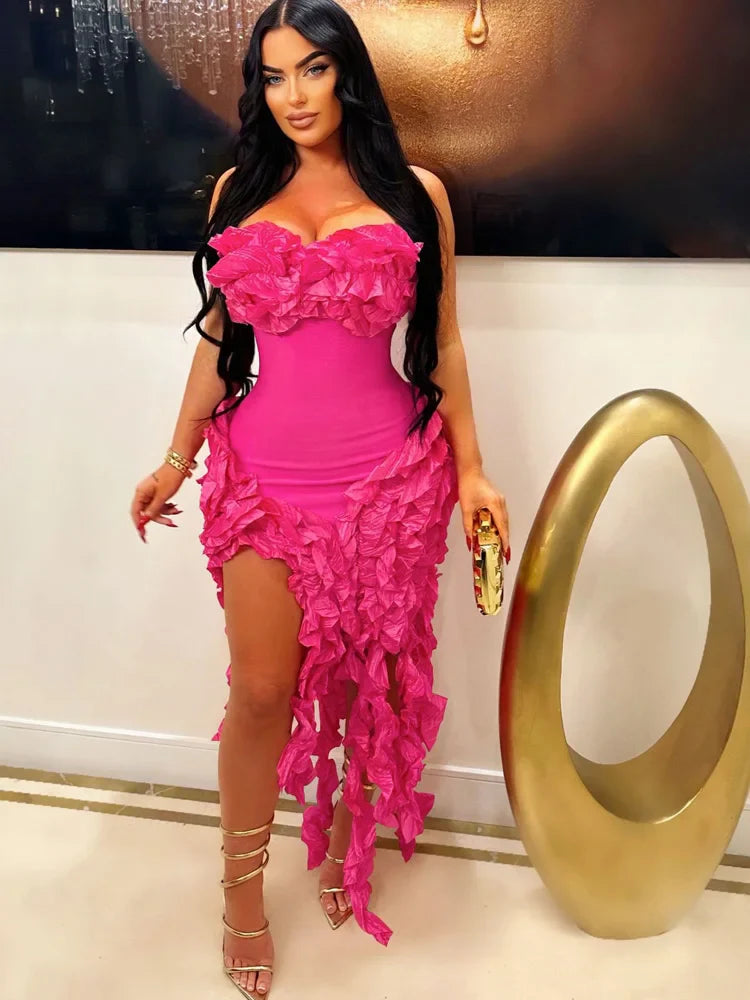 Women's Summer Strapless Ruffle Tassel Dress with Red Flower Embellishments and Irregular Hem for Glamorous Parties and Club Outfits