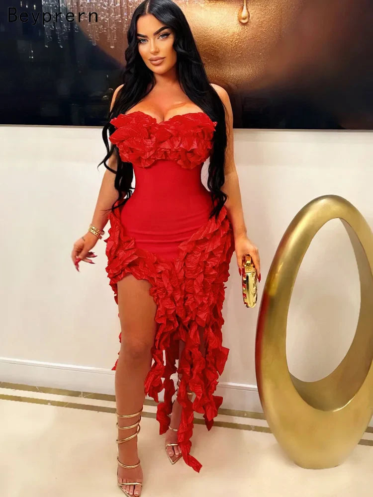 Women's Summer Strapless Ruffle Tassel Dress with Red Flower Embellishments and Irregular Hem for Glamorous Parties and Club Outfits