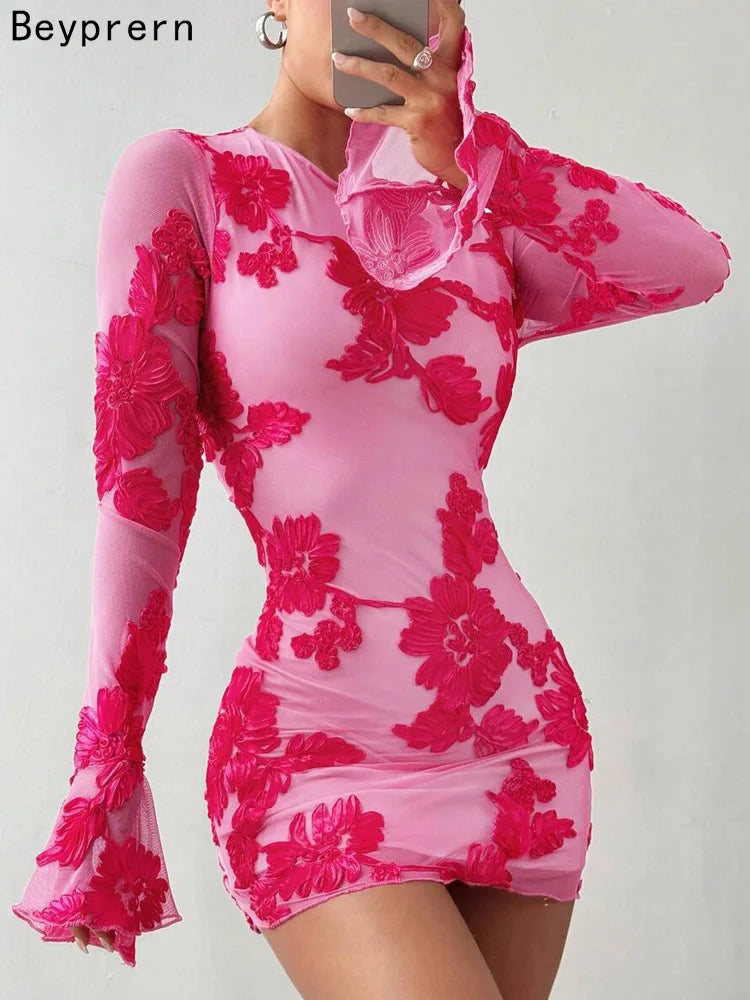 Elegant Rose Pink Floral Mesh Backless Short Dress with Long Sleeves and Embroidered Details for Stylish Party and Birthday Celebrations