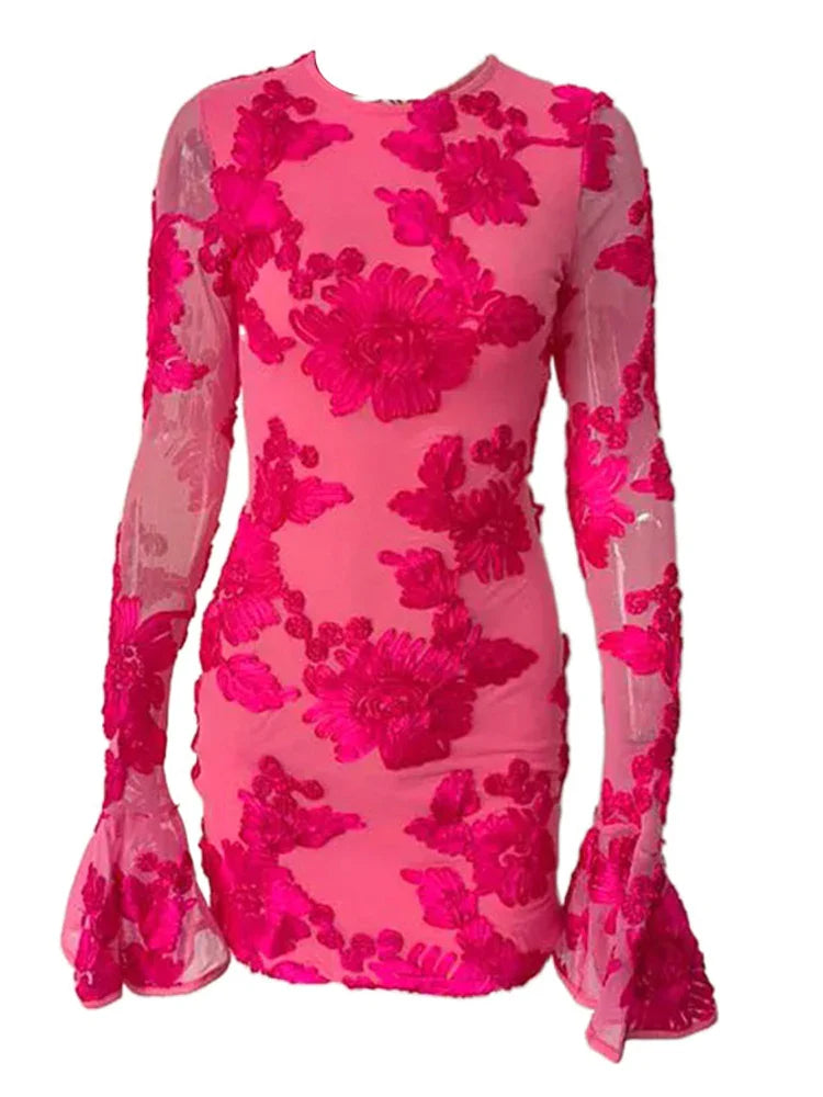 Elegant Rose Pink Floral Mesh Backless Short Dress with Long Sleeves and Embroidered Details for Stylish Party and Birthday Celebrations
