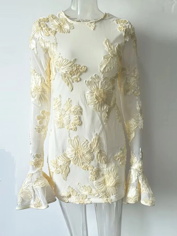 Elegant Rose Pink Floral Mesh Backless Short Dress with Long Sleeves and Embroidered Details for Stylish Party and Birthday Celebrations