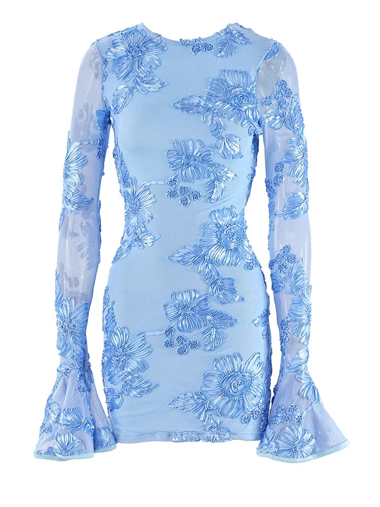 Elegant Rose Pink Floral Mesh Backless Short Dress with Long Sleeves and Embroidered Details for Stylish Party and Birthday Celebrations