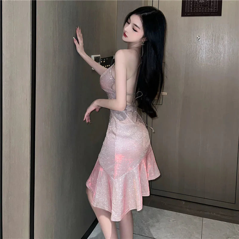 Elegant Gold Mermaid Dress for Women Summer Spaghetti Strap Strapless Solid Color Bandage Dress Stylish and Flattering Fashion Statement