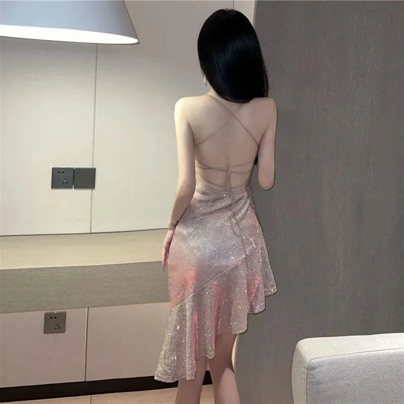 Elegant Gold Mermaid Dress for Women Summer Spaghetti Strap Strapless Solid Color Bandage Dress Stylish and Flattering Fashion Statement