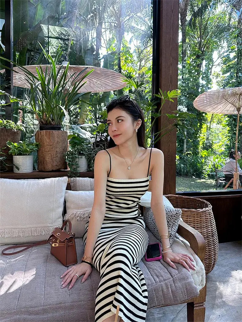Striped Knitted Slim Sleeveless Dress for Women Casual Long Bodycon Holiday Wrap Sundress