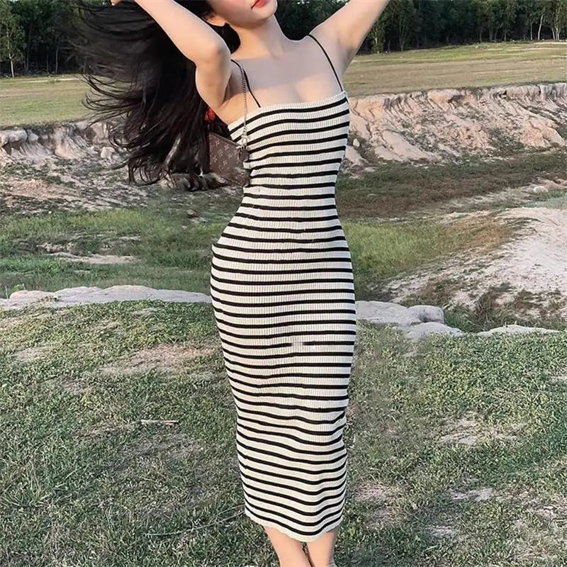 Striped Knitted Slim Sleeveless Dress for Women Casual Long Bodycon Holiday Wrap Sundress