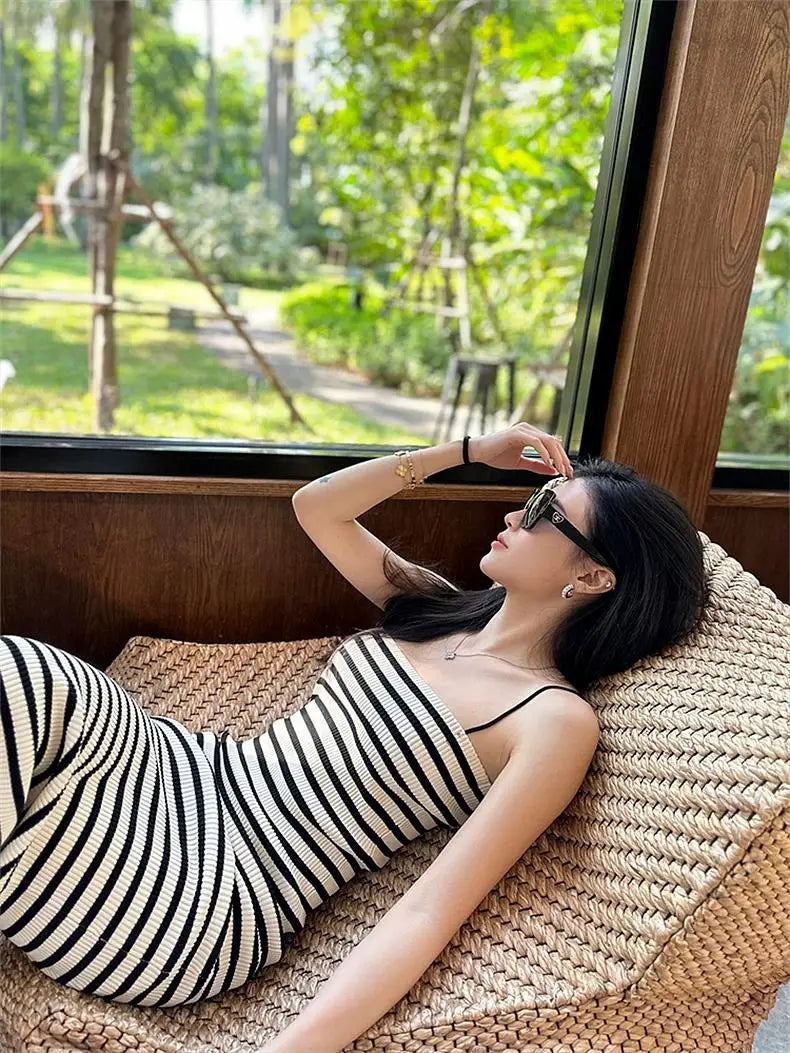 Striped Knitted Slim Sleeveless Dress for Women Casual Long Bodycon Holiday Wrap Sundress