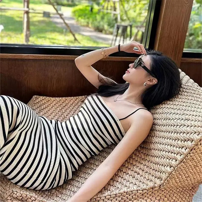 Striped Knitted Slim Sleeveless Dress for Women Casual Long Bodycon Holiday Wrap Sundress