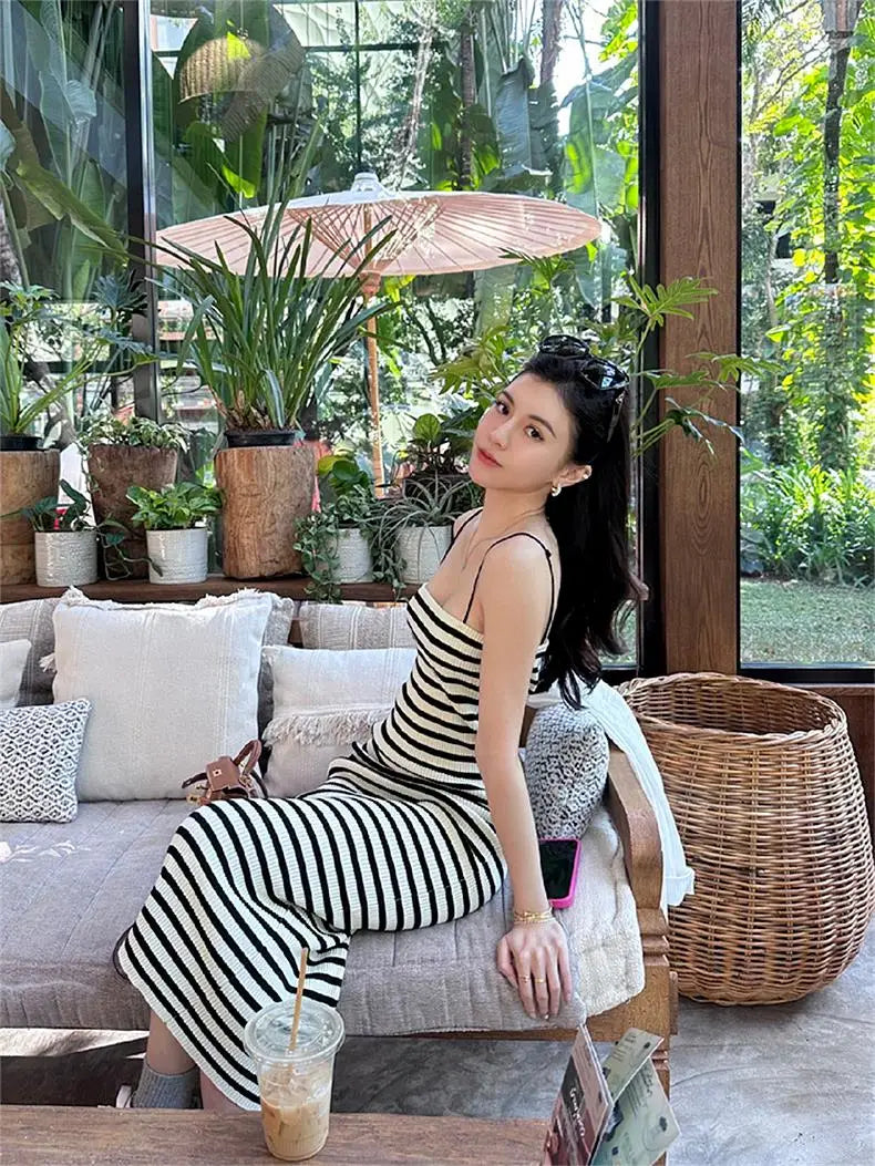 Striped Knitted Slim Sleeveless Dress for Women Casual Long Bodycon Holiday Wrap Sundress