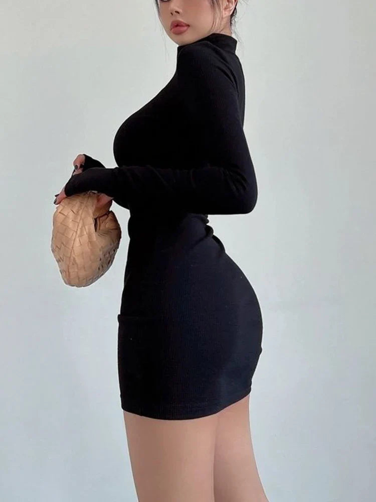 Black Turtleneck Long Sleeve Pleated Bodycon Mini Dress for Fall and Winter Women's Streetwear Party and Clubwear