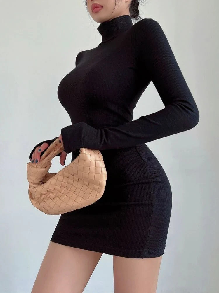 Black Turtleneck Long Sleeve Pleated Bodycon Mini Dress for Fall and Winter Women's Streetwear Party and Clubwear