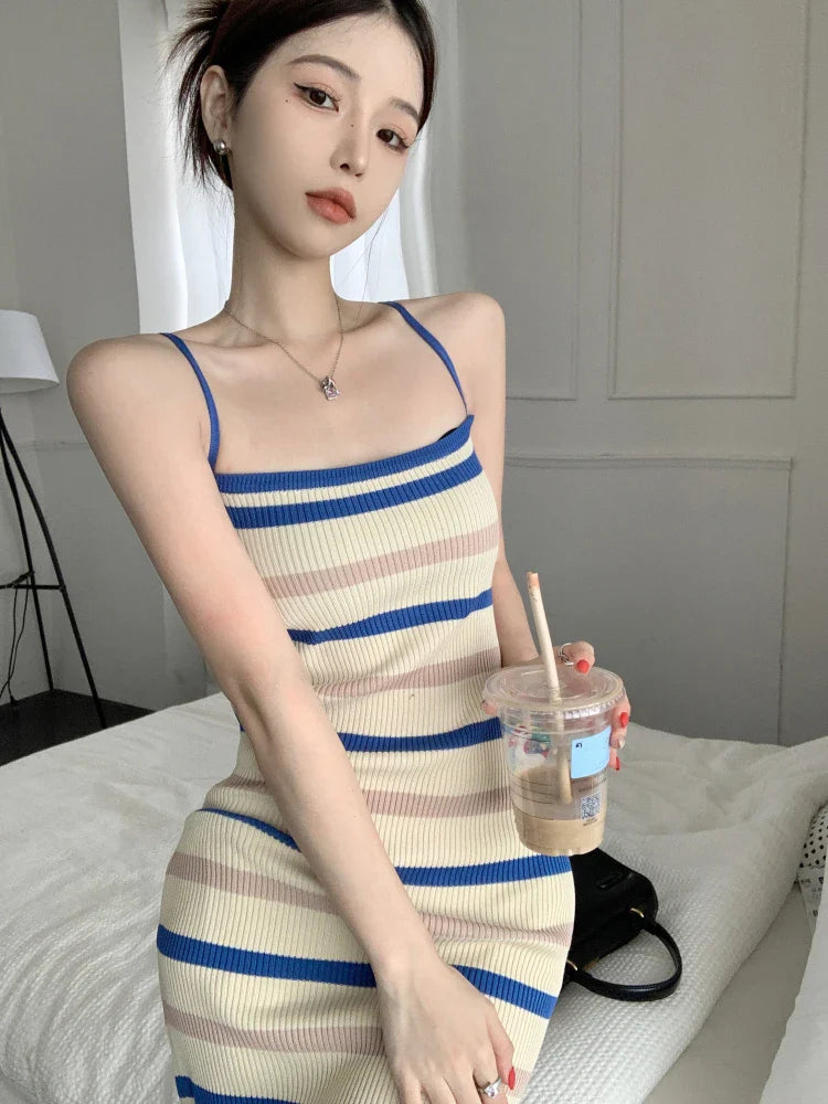Elegant Sleeveless Camisole Dress for Women Summer Slim Fit Knitted Striped Mid-Length Style