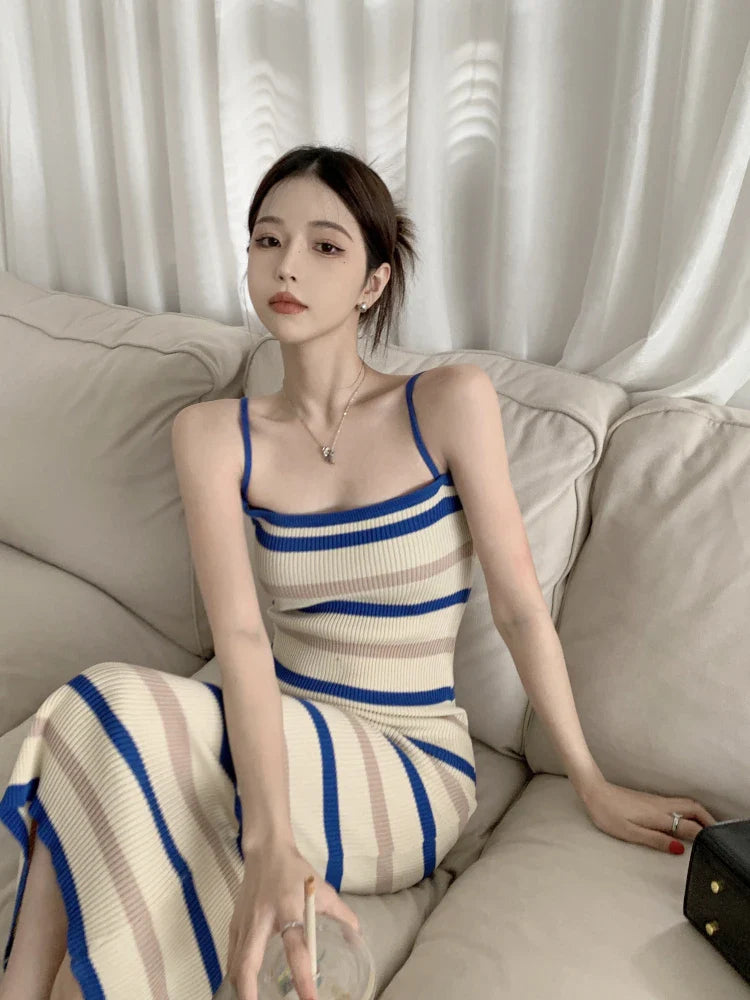 Elegant Sleeveless Camisole Dress for Women Summer Slim Fit Knitted Striped Mid-Length Style