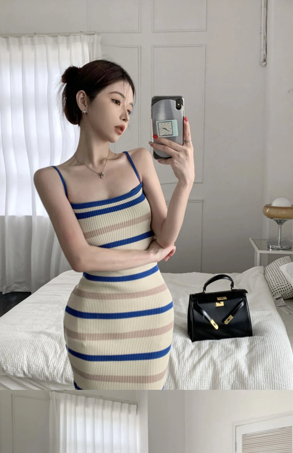 Elegant Sleeveless Camisole Dress for Women Summer Slim Fit Knitted Striped Mid-Length Style