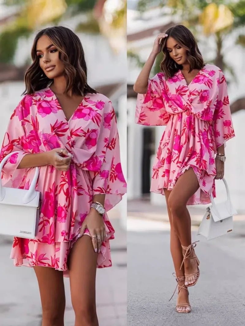 Elegant Summer Ruffle Mini Dress for Women with Bat Sleeve Floral Print Bohemian Beach Vacation Style