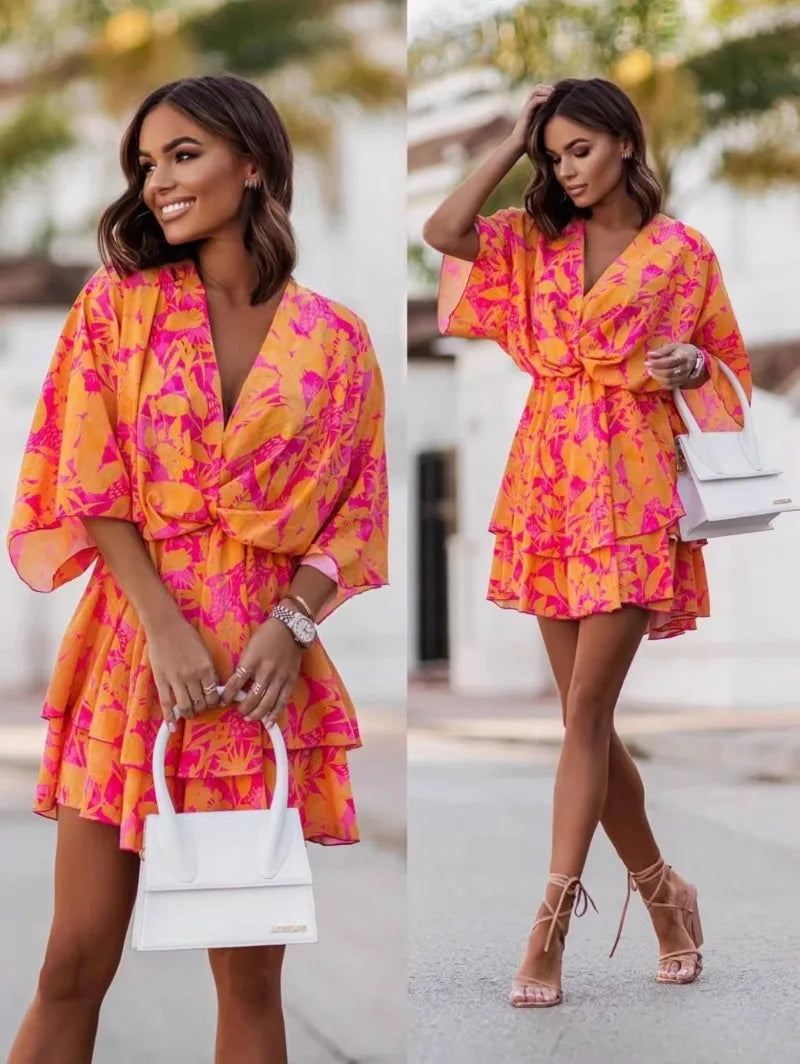 Elegant Summer Ruffle Mini Dress for Women with Bat Sleeve Floral Print Bohemian Beach Vacation Style