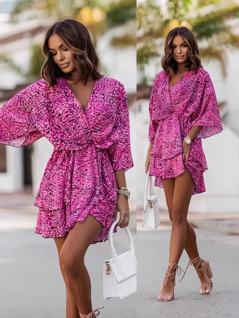 Elegant Summer Ruffle Mini Dress for Women with Bat Sleeve Floral Print Bohemian Beach Vacation Style