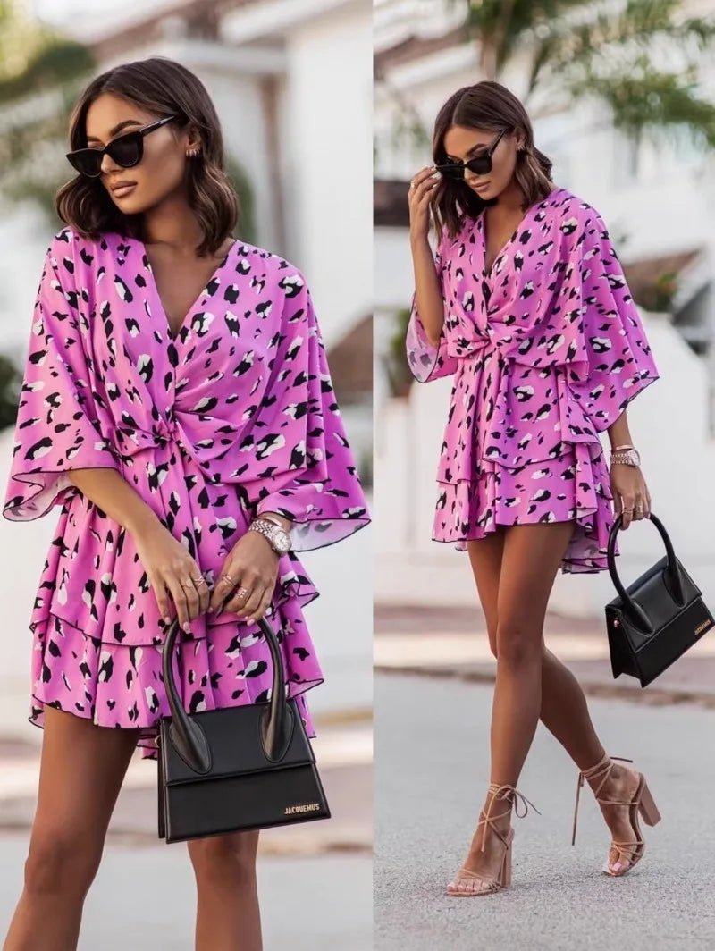 Elegant Summer Ruffle Mini Dress for Women with Bat Sleeve Floral Print Bohemian Beach Vacation Style