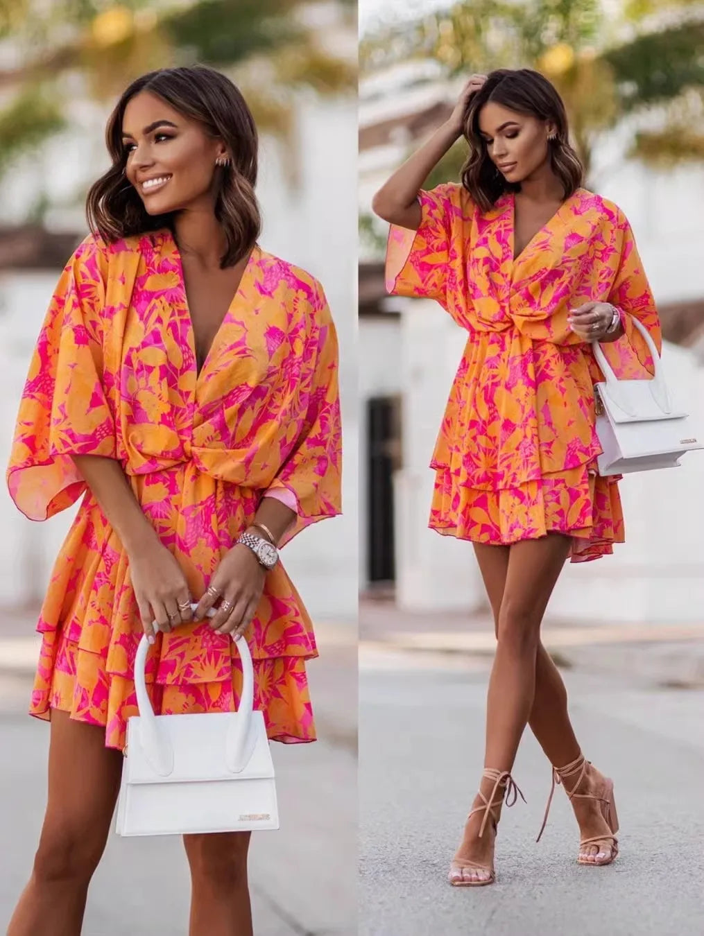 Elegant Summer Ruffle Mini Dress for Women with Bat Sleeve Floral Print Bohemian Beach Vacation Style