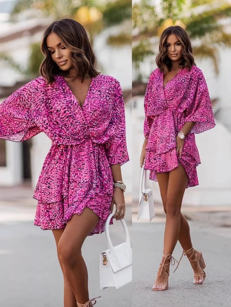 Elegant Summer Ruffle Mini Dress for Women with Bat Sleeve Floral Print Bohemian Beach Vacation Style