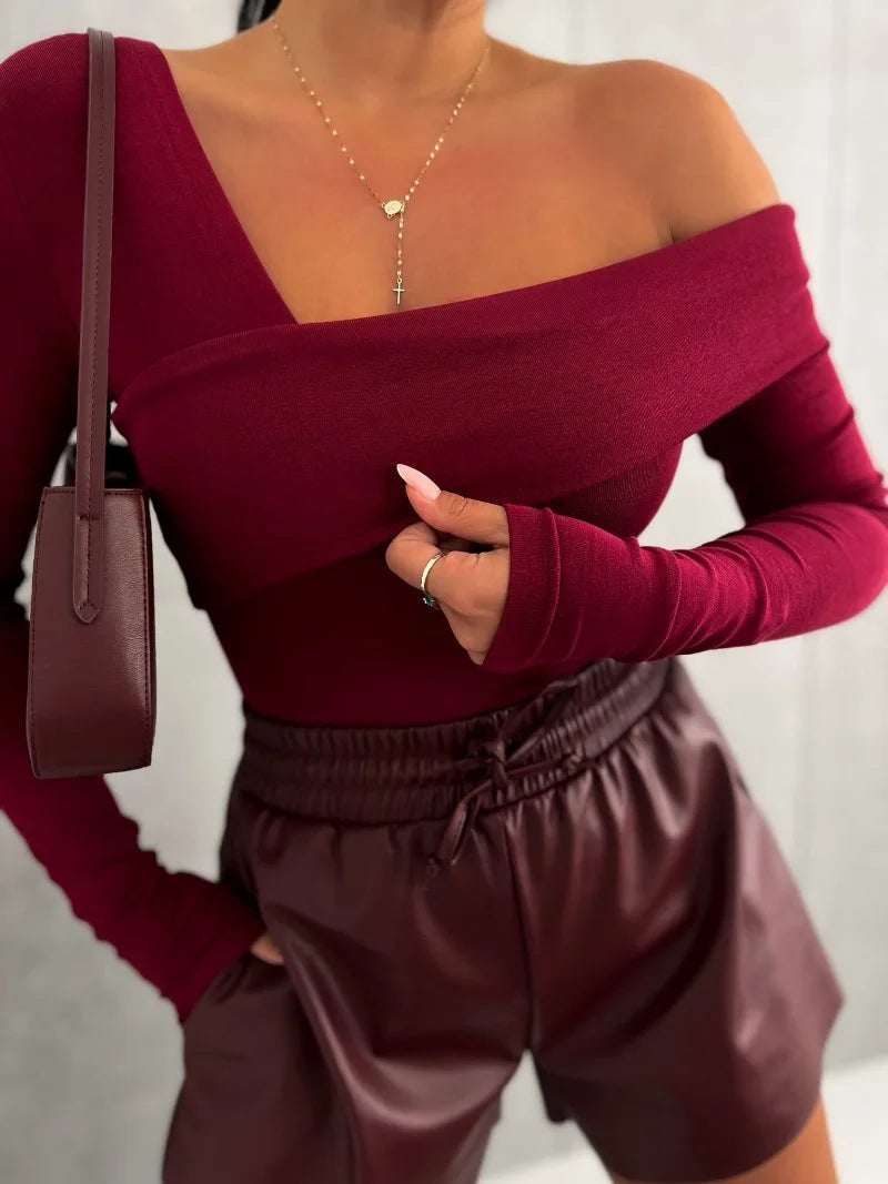 Black Off Shoulder Long Sleeve Crop Top Women's Slim Fit Sexy Solid Color Elegant Autumn Winter Shirt