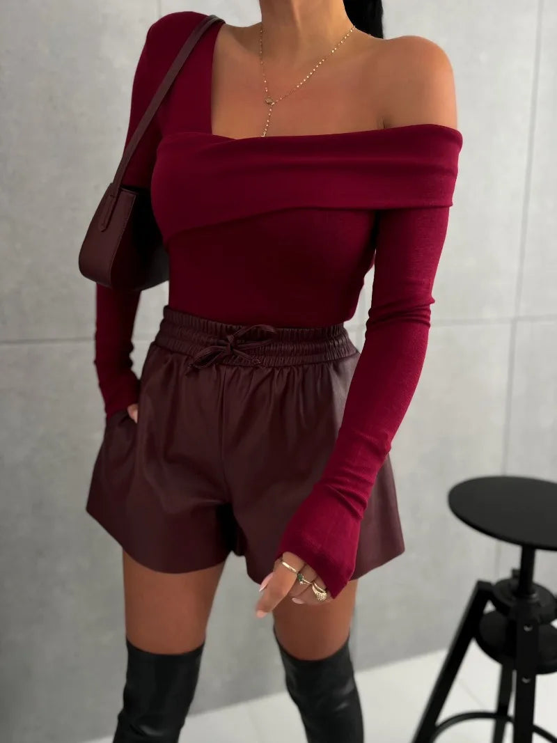 Black Off Shoulder Long Sleeve Crop Top Women's Slim Fit Sexy Solid Color Elegant Autumn Winter Shirt