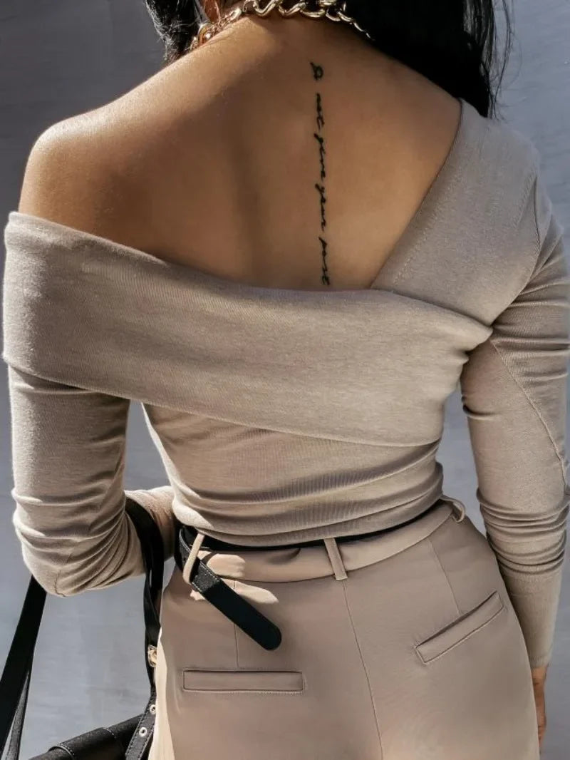 Black Off Shoulder Long Sleeve Crop Top Women's Slim Fit Sexy Solid Color Elegant Autumn Winter Shirt