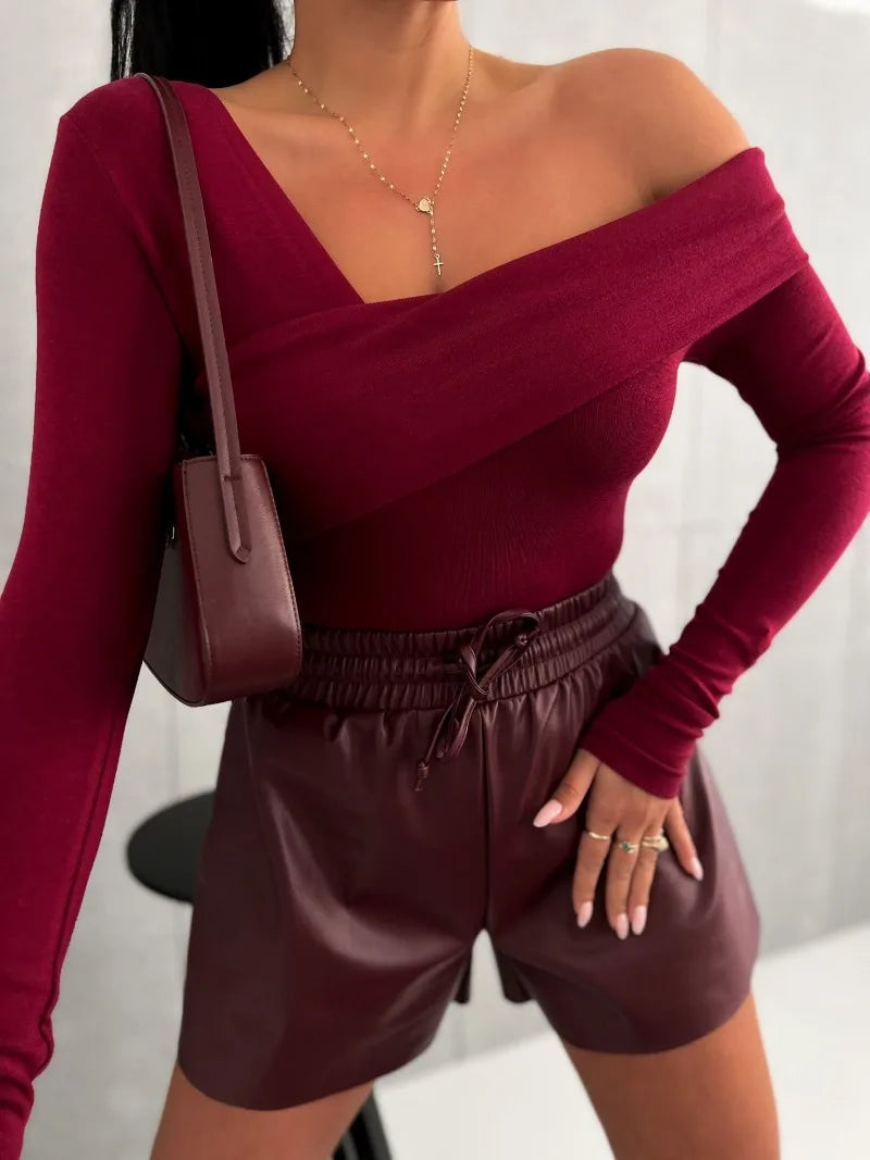 Black Off Shoulder Long Sleeve Crop Top Women's Slim Fit Sexy Solid Color Elegant Autumn Winter Shirt