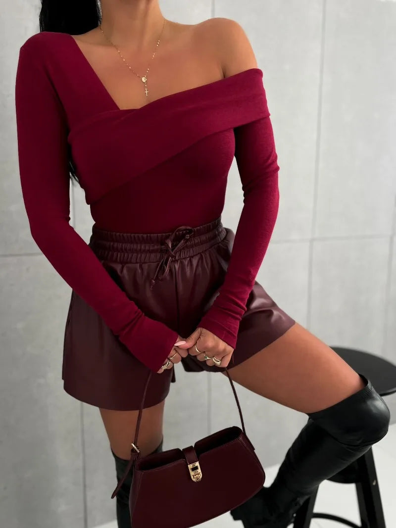 Black Off Shoulder Long Sleeve Crop Top Women's Slim Fit Sexy Solid Color Elegant Autumn Winter Shirt