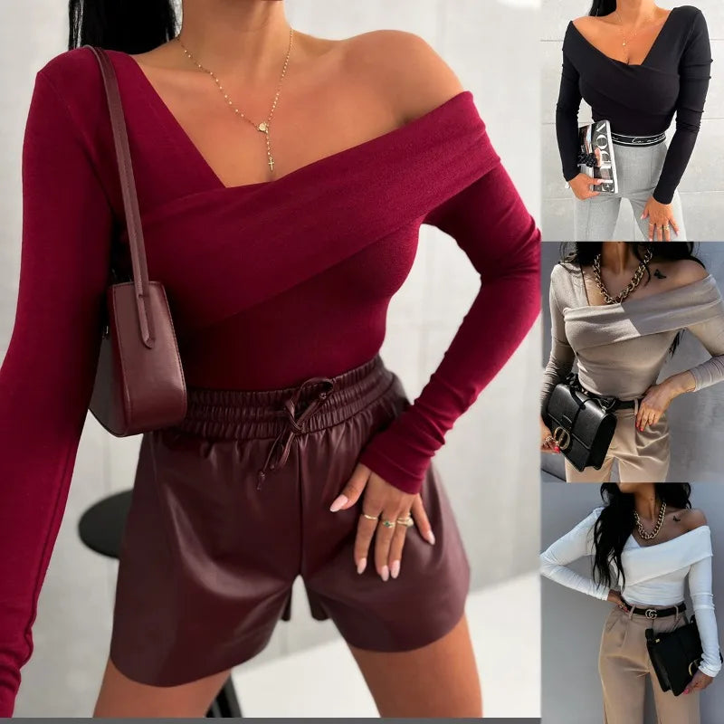 Black Off Shoulder Long Sleeve Crop Top Women's Slim Fit Sexy Solid Color Elegant Autumn Winter Shirt