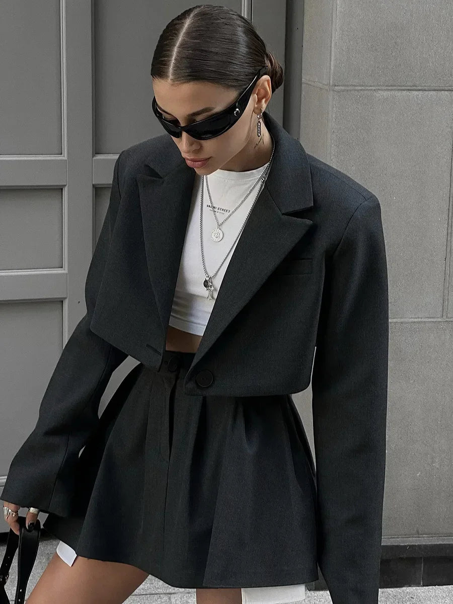 Women Stylish Short Crop Blazer and Pleated Mini Skirt Two Piece Set Chic Tailored Jacket and Skirt Outfit for Trendy Looks