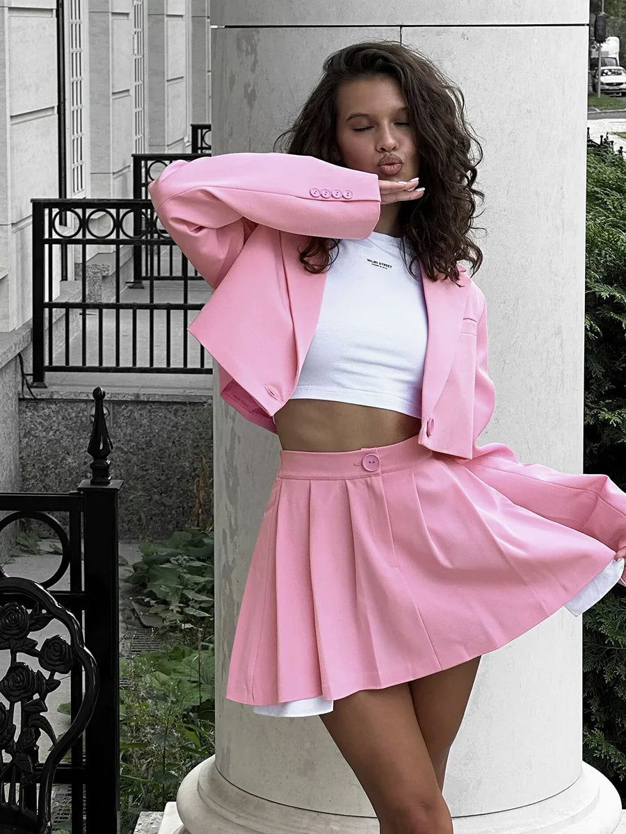 Women Stylish Short Crop Blazer and Pleated Mini Skirt Two Piece Set Chic Tailored Jacket and Skirt Outfit for Trendy Looks