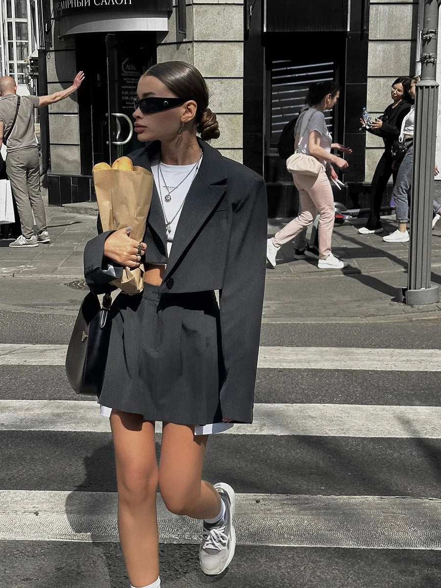 Women Stylish Short Crop Blazer and Pleated Mini Skirt Two Piece Set Chic Tailored Jacket and Skirt Outfit for Trendy Looks