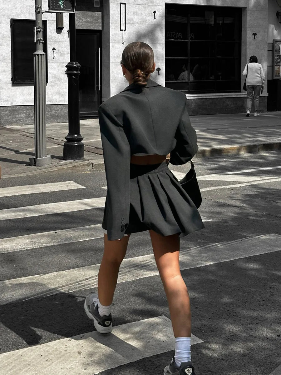Women Stylish Short Crop Blazer and Pleated Mini Skirt Two Piece Set Chic Tailored Jacket and Skirt Outfit for Trendy Looks