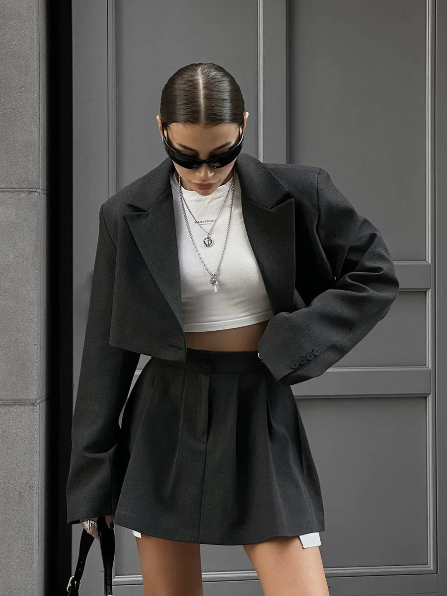 Women Stylish Short Crop Blazer and Pleated Mini Skirt Two Piece Set Chic Tailored Jacket and Skirt Outfit for Trendy Looks