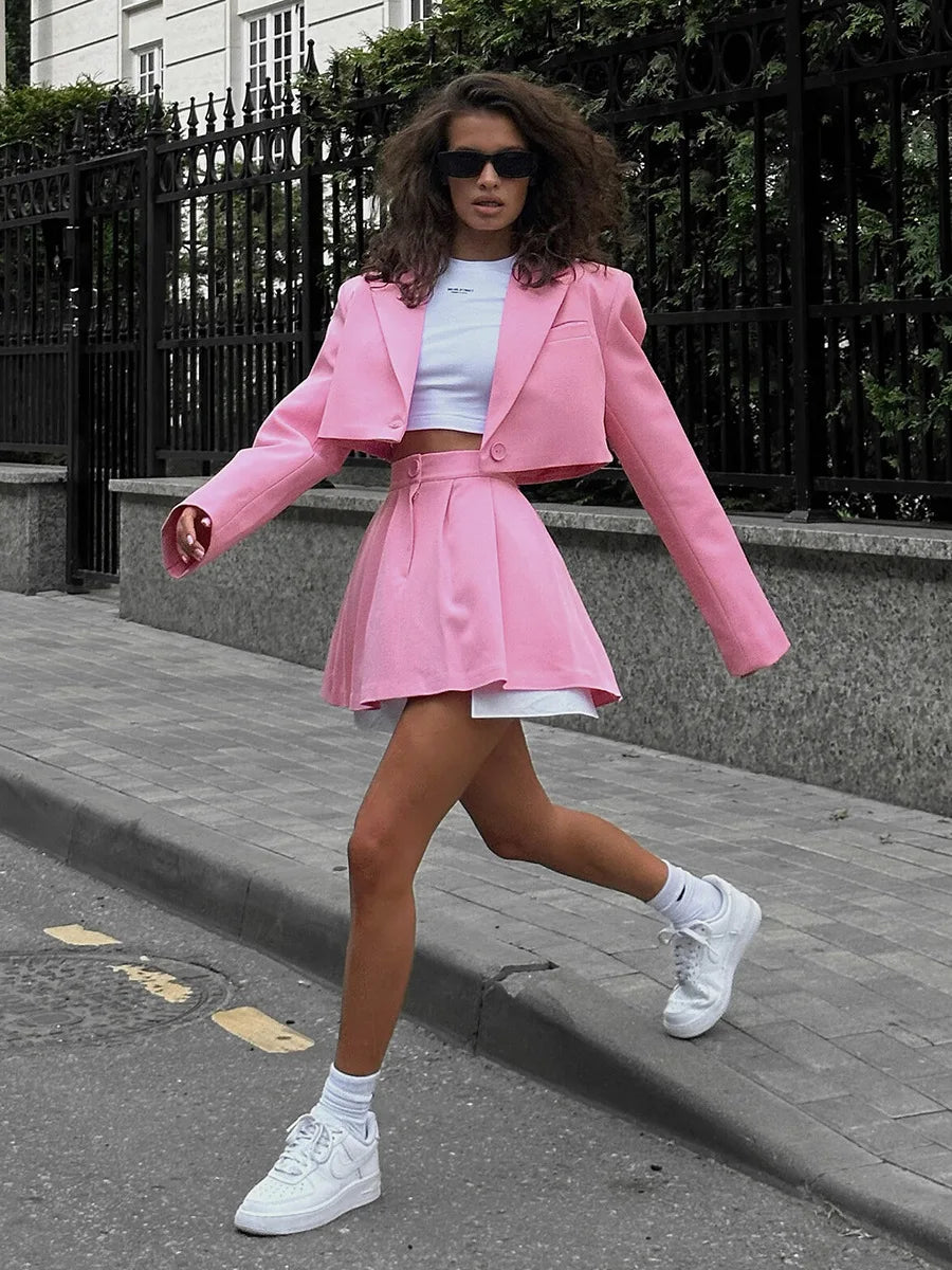 Women Stylish Short Crop Blazer and Pleated Mini Skirt Two Piece Set Chic Tailored Jacket and Skirt Outfit for Trendy Looks