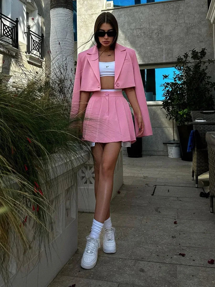 Women Stylish Short Crop Blazer and Pleated Mini Skirt Two Piece Set Chic Tailored Jacket and Skirt Outfit for Trendy Looks