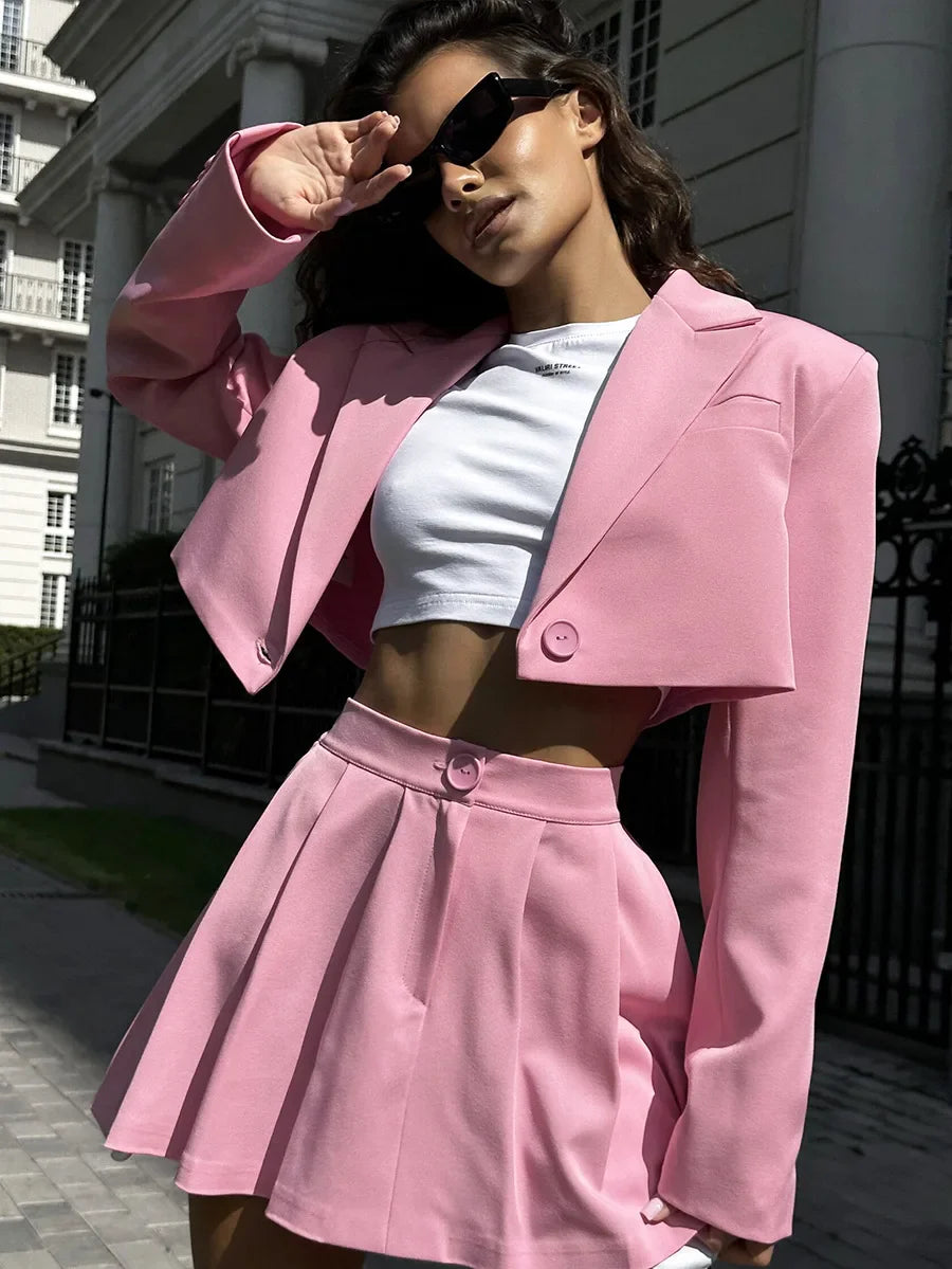 Women Stylish Short Crop Blazer and Pleated Mini Skirt Two Piece Set Chic Tailored Jacket and Skirt Outfit for Trendy Looks