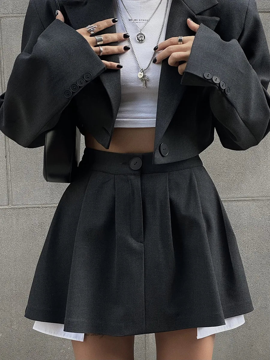 Women Stylish Short Crop Blazer and Pleated Mini Skirt Two Piece Set Chic Tailored Jacket and Skirt Outfit for Trendy Looks
