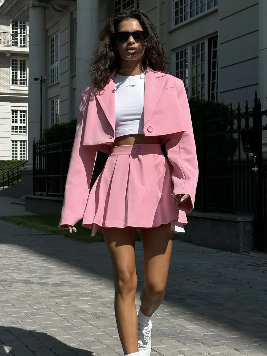 Women Stylish Short Crop Blazer and Pleated Mini Skirt Two Piece Set Chic Tailored Jacket and Skirt Outfit for Trendy Looks