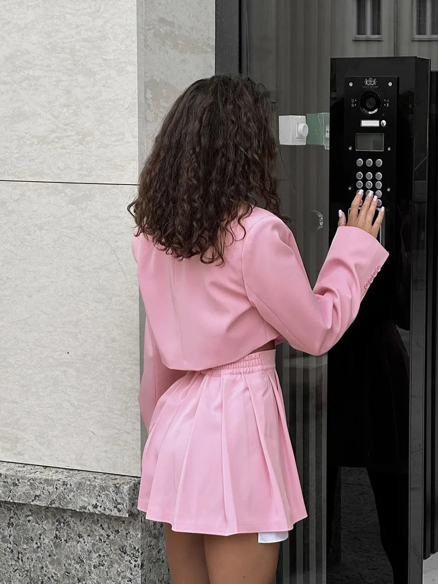 Women Stylish Short Crop Blazer and Pleated Mini Skirt Two Piece Set Chic Tailored Jacket and Skirt Outfit for Trendy Looks