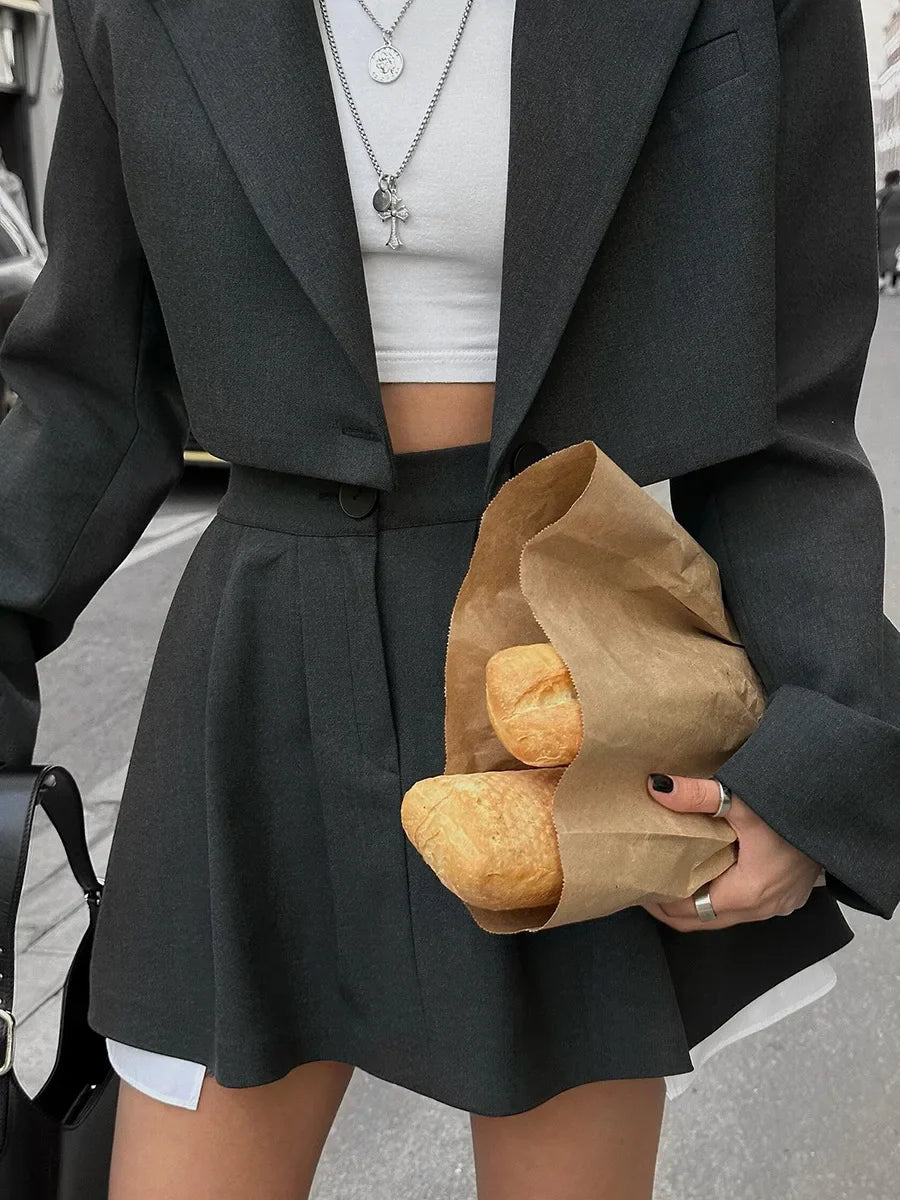 Women Stylish Short Crop Blazer and Pleated Mini Skirt Two Piece Set Chic Tailored Jacket and Skirt Outfit for Trendy Looks