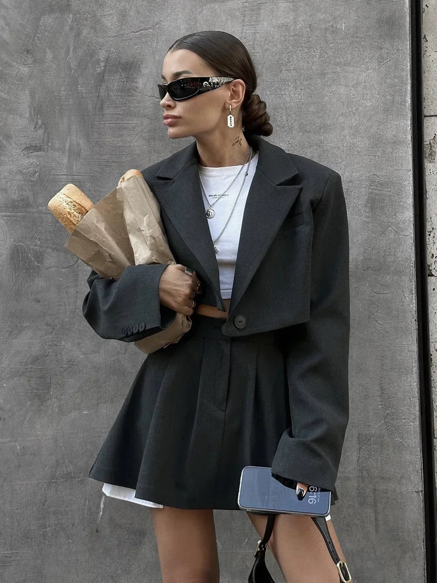 Women Stylish Short Crop Blazer and Pleated Mini Skirt Two Piece Set Chic Tailored Jacket and Skirt Outfit for Trendy Looks