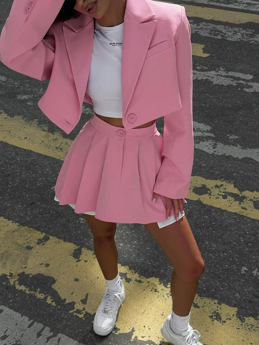 Women Stylish Short Crop Blazer and Pleated Mini Skirt Two Piece Set Chic Tailored Jacket and Skirt Outfit for Trendy Looks