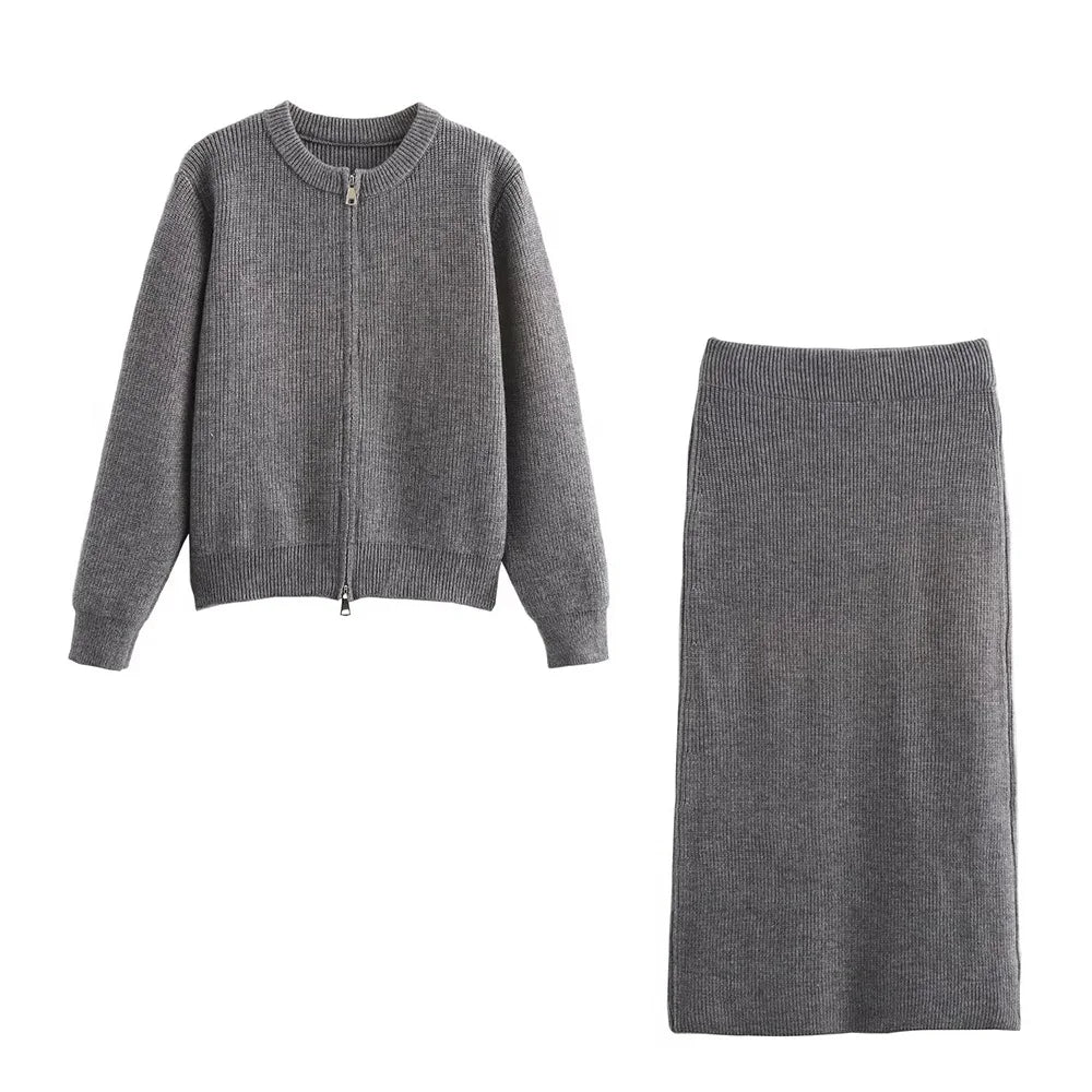 Women's Autumn Winter Casual Elegant Pit Striped Knitted Sweater and Half Skirt Set Slimming Fashion Ensemble for Office and Leisure Wear