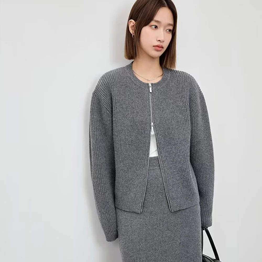 Women's Autumn Winter Casual Elegant Pit Striped Knitted Sweater and Half Skirt Set Slimming Fashion Ensemble for Office and Leisure Wear