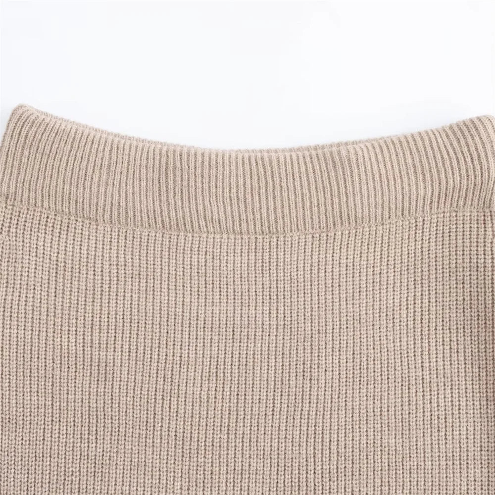 Women's Autumn Winter Casual Elegant Pit Striped Knitted Sweater and Half Skirt Set Slimming Fashion Ensemble for Office and Leisure Wear