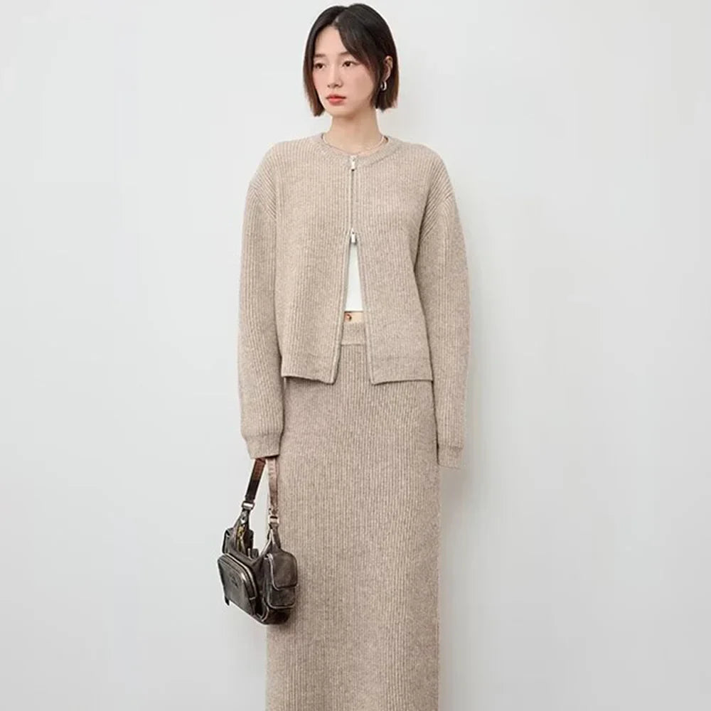 Women's Autumn Winter Casual Elegant Pit Striped Knitted Sweater and Half Skirt Set Slimming Fashion Ensemble for Office and Leisure Wear